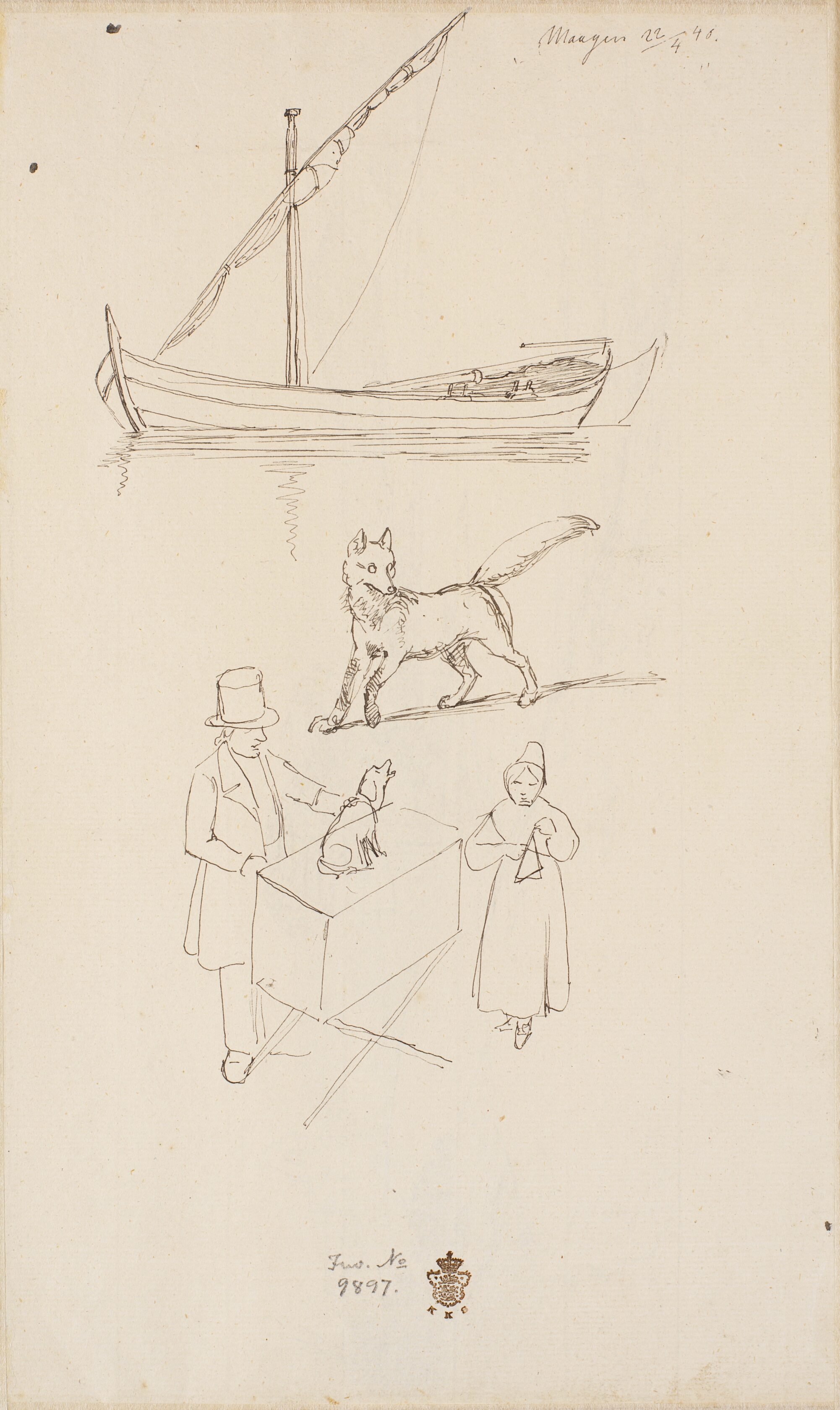 En sejlbåd, en ræv og to gademusikanter